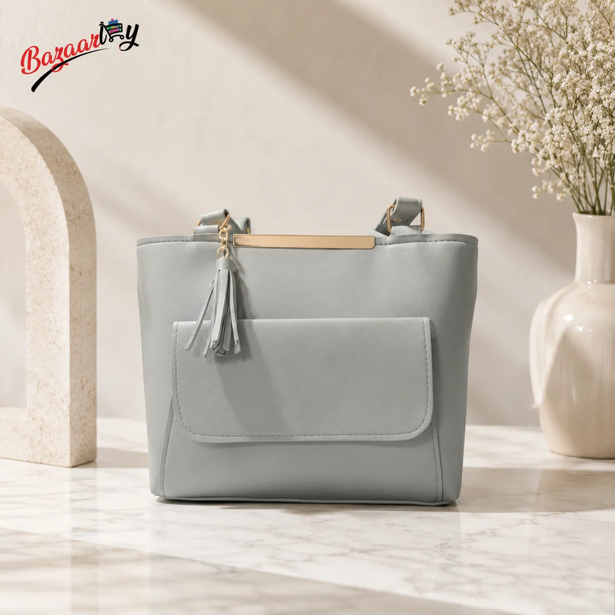 Light Grey Women’s Tote Handbag with Front Pocket
